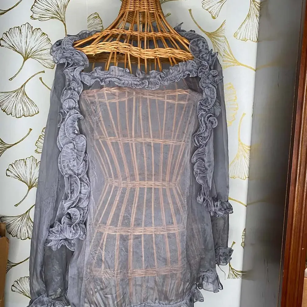 Grey Ruffle Blouse with Ruffled Collar - Picture 1 of 6